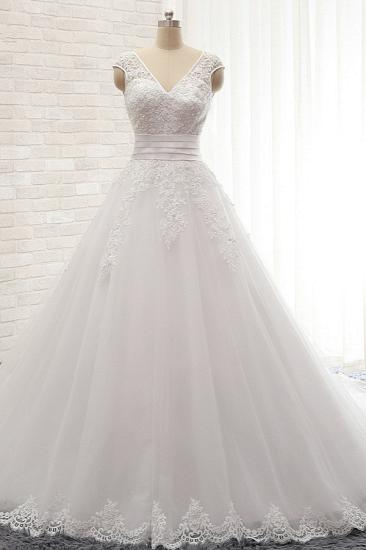 Bradyonlinewholesale Affordable V-Neck Tulle Lace Wedding Dress A-Line Sleeveless Appliques Bridal Gowns with Beadings Online