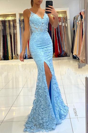 V-neck Sky Blue High Split Special Lace Design Evening Dress_2