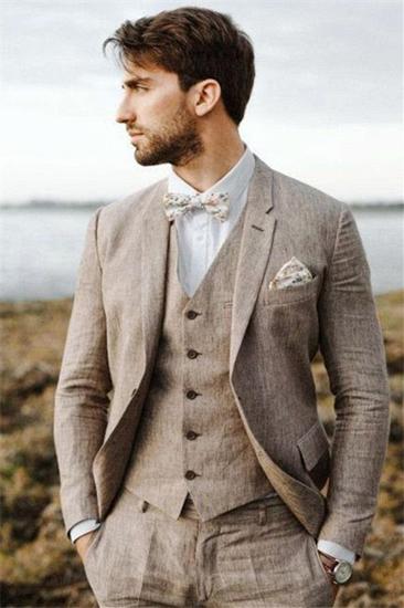 Khaki Linen Summer Beach Mens Classic Suit | Groom Wedding Tuxedo Set of 3_3