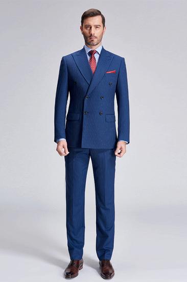 Peak Lapel Blue Mens Business Suit | Striped Double Breasted Mens Suit