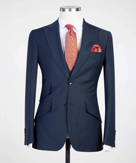 New Arrival Dark Blue Peaked Lapel 3-Pieces Busibess Men Suits_4