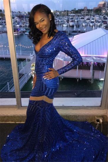 Sexy Deep-V-Neck Royal Blue Prom Dresses Mermaid Long Sleeves Evening Gowns_1