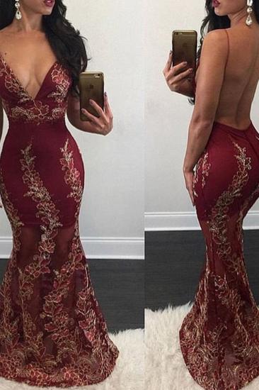 Mermaid Appliques Evening Gown Sweep Train Sexy V-Neck Backless Prom Dress_2