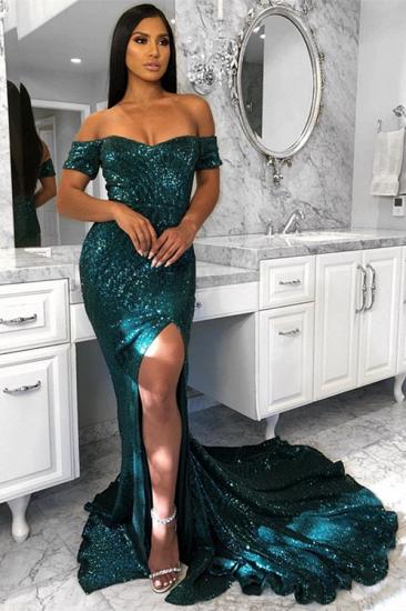 Off The Shoulder Shiny Sequins Evening Dress | Sexy Slit Prom Dresses with Court Train