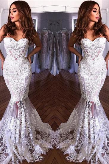 White Sweetheart-Neck Sheer Lace Appliques Mermaid Wedding Dresses_3
