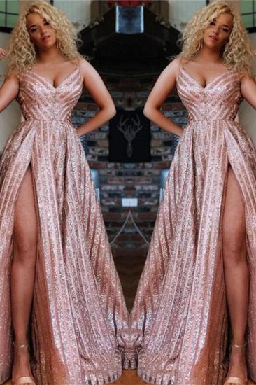 Sparkly Champagne Pink Sequins Prom Dresses Cheap | Sexy Split Spaghetti Straps Evening Gowns_2