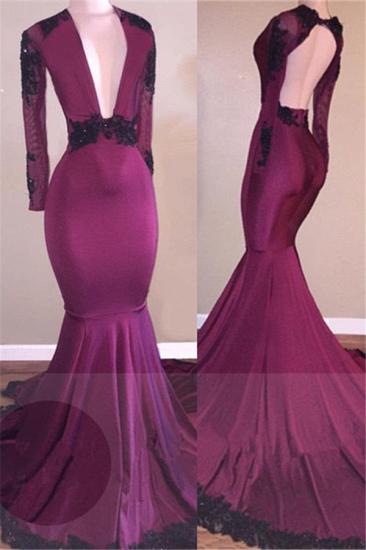 Deep V-neck Black Lace Appliques Prom Dress | Long Sleeve Mermaid Sexy Evening Gown_1
