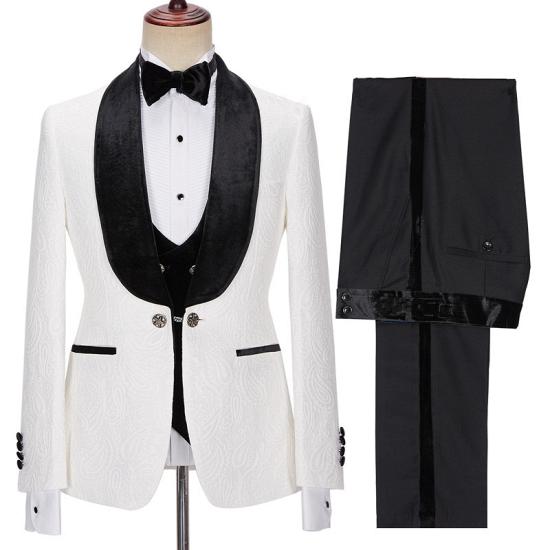 New White Jacquard Three Piece Wedding Mens Suit with Velvet Lapel_3