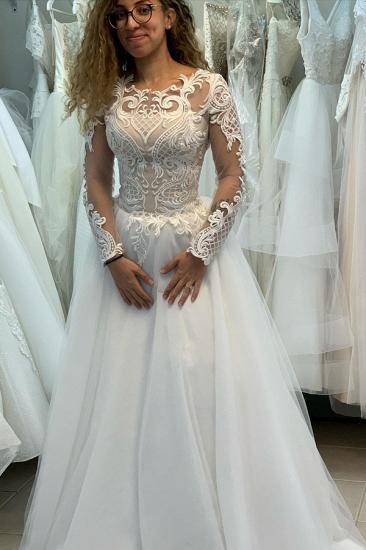 Long sleeves Illusion neck A-line Long sleeves Lace Princess Wedding Dress_3