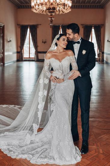 Off-the-Shoulder Appliques Lace Mermaid Wedding Dresses Long Sleeve_3