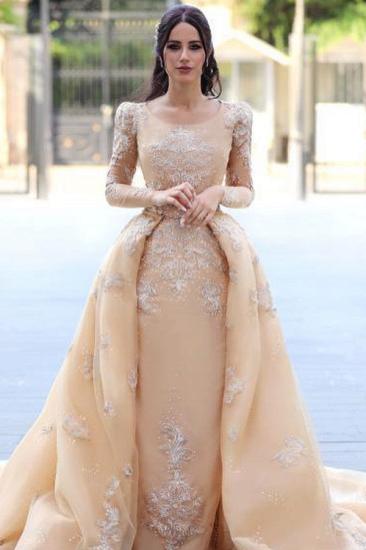 Long Sleeve Appliques Sheath Wedding Dresses | Detachable Lace Train Bridal Gowns_1