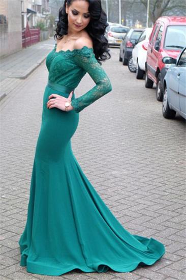 Green Off Shoulder Long Sleeves Evening Dresses Online | Cheap Lace Mermaid Evening Dress_1