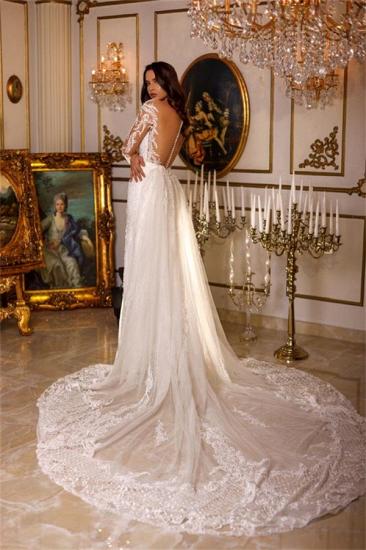 Designer A-Line Long Sleeves Lace Wedding Dress with Detachable Trail_2