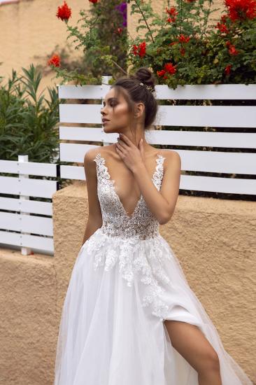 Lace Sleeveless V-Neck Backless Floral A-Line Wedding Dress | Tulle Bridal Dresses_3