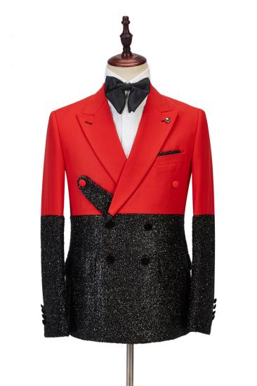 Latest Peak Lapel Bright Red Stitching Sparkle Black Fashion Mens Suit