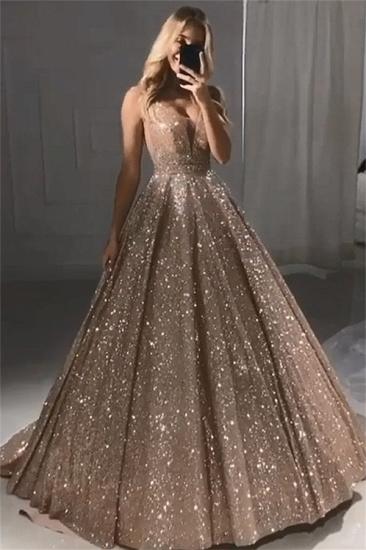 Sparkly Champagne Gold Sequins Prom Dresses Cheap | Gorgeous Shiny Sleeveless Straps Evening Gowns_1