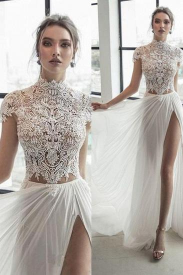 High neck Cap sleeves Ivory Chiffon Split Wedding Dress | Elegant Long Bridal Gown_3