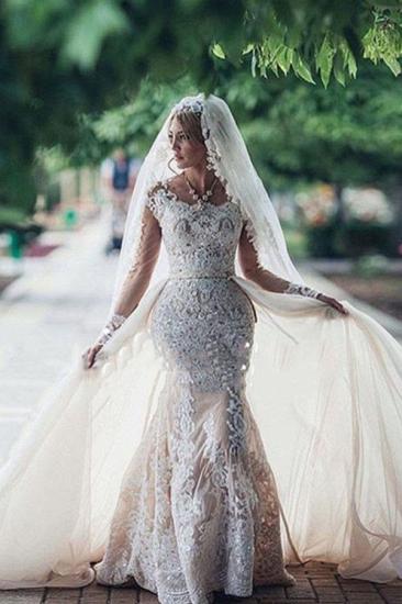 Glamorous Mermaid Long Sleeves Lace Wedding Dresses | Scoop Appliques Detachable Skirt Bridal Gowns