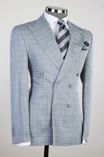 Quennel Light Steel Blue Peaked Lapel Double Breasted Plaid Prom Suits_2