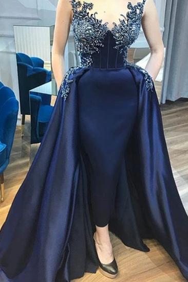 Sexy Dark Navy Sheath Prom Dresses | Sleeveless Appliques Beads Long Evening Dresses with Pockets_2
