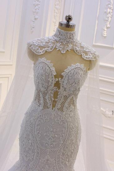 Luxury 3D Lace Applique High Neck Tulle Mermaid Wedding Dress_3