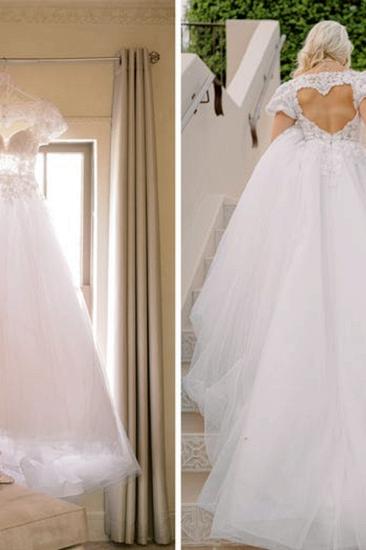 Elegant V-Neck Short Sleeve A-line Wedding Dress White Appliques_5