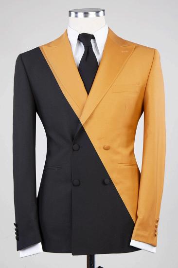 Yellow and Black Spike Lapels Double Breasted Chic Prom Suit_1