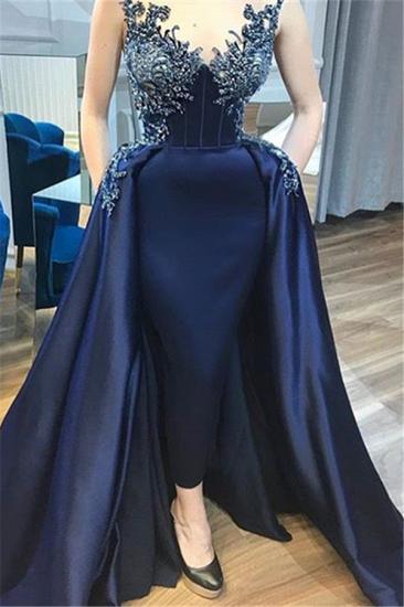 Sexy Dark Navy Sheath Prom Dresses | Sleeveless Appliques Beads Long Evening Dresses with Pockets_1