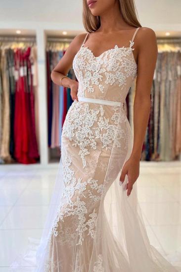 Stunning Spaghetti Straps Sweetheart Lace Mermaid Evening Dress with Tulle Detachable Train_4
