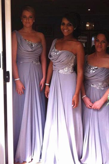 One Shoulder Lavender Chiffon Long Bridesmaid Dresses Sequined Ruffle Floor Length Cheap Wedding Dress_1