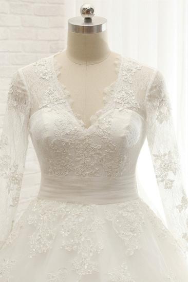 Bradyonlinewholesale Affordable V neck Longsleeves Tulle Wedding Dresses A line Lace Bridal Gowns With Appliques On Sale_4