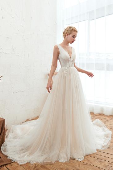 Champange Princess Tulle Wedding Dress with Soft Pleats | Sexy V-neck Low Back Bridal Gowns with Lace Appliques_8