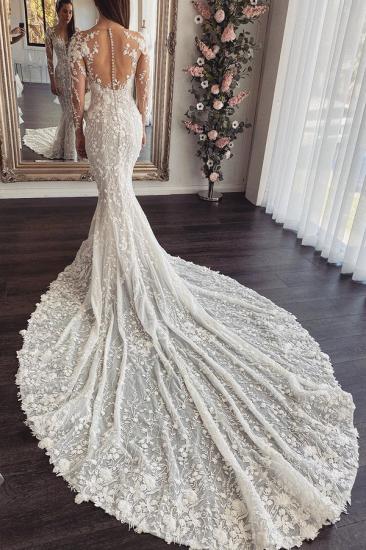 Gorgeous Long Train Lace Open back Mermaid White Wedding Dresses_2
