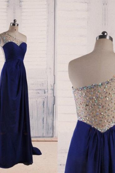 Royal Blue Chiffon Long Evening Dresses Shiny Crystal Sheer Back Popular Prom Dresses_3