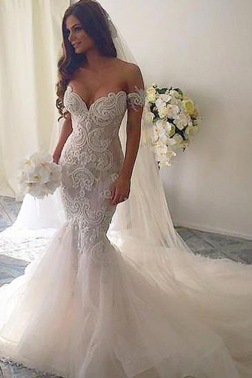 Off-the-Shoulder Sleeveless Mermaid Tulle Chapel Train Wedding Dresses_2