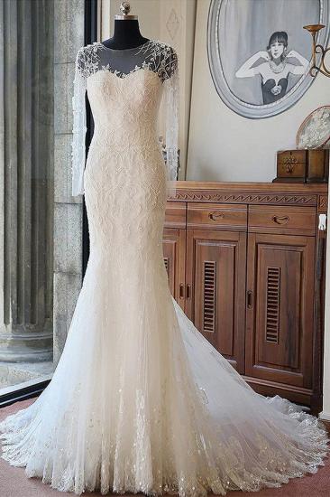 Bradyonlinewholesale Glamorous Jewel Long Sleeves Wedding Dress Tulle Appliques Beadings Bridal Gowns On Sale