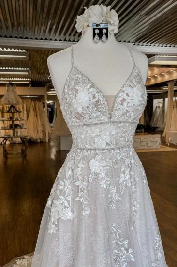 V-neck white lace wedding dress with low back_4
