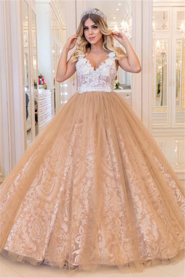2022 Elegant V-Neck Lace Wedding Dresses | Sleeveless Ball Gown Evening Dresses with Buttons
