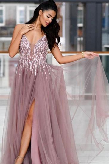 Sparkle Sequined High split Dusty pink Criss-cross Back Prom Dresses_1