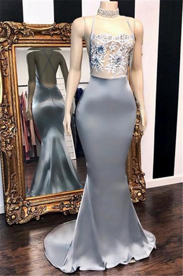 Spaghetti Straps Sexy Open Back Cheap Prom Dresses | Lace Appliques Mermaid Evening Dress