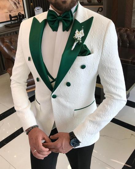 Alvis White Jacquard Three Pieces Wedding Suits With Green Stain Lapel_2