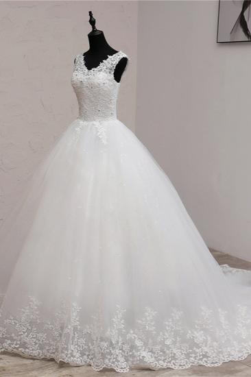 Bradyonlinewholesale Ball Gown V-Neck White Tulle Wedding Dresses Sleeveless Lace Appliques Bridal Gowns with Beadings_4