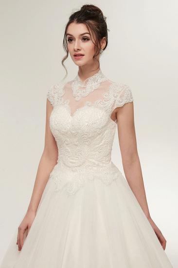 A-line High Neck Short Sleeves Long Lace Appliques Wedding Dresses with Lace-up_8