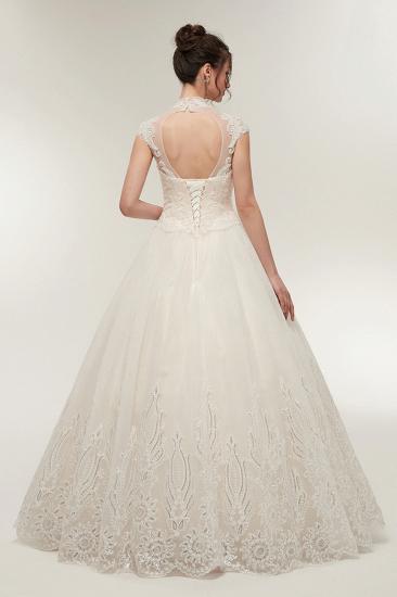 A-line High Neck Short Sleeves Long Lace Appliques Wedding Dresses with Lace-up_2
