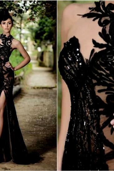Sexy Front Split Black Lace Appliques Evening Gowns Beaded Sexy Formal Dresses_2