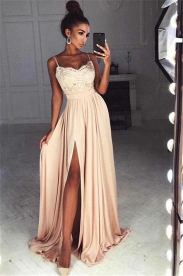 Straps Front Slit Sexy Prom Dress Lace Cheap Champagne Long Evening Dress_1