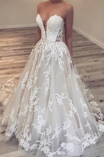 Elegant Sweetheart Strapless Lace Applique Wedding Dress | Princess A-Line Bridal Gowns
