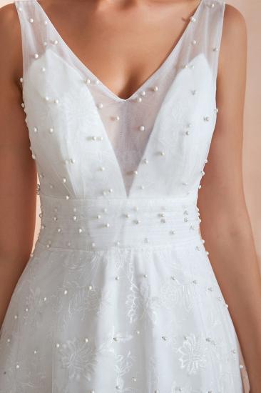 Carnelian | White V-neck Beach Wedding Dress with Pearls on Tulle, Elegant Sleeveless Long length Summer Bridal Gowns_5