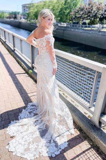 Off Shoulder Heart Neck Sweetheart Floral Lace Long Sleeve Mermaid Wedding Dress_1
