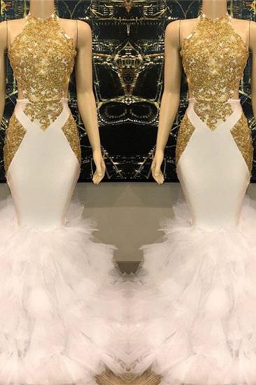 2022 Open Back Gold Lace Sexy Prom Dress on Mannequins | Mermaid Ruffles Cheap Evening Gowns Online_2